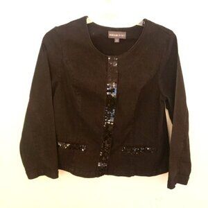 Avenue Collarless Black Sequin Trimmed Fitted Denim Jacket Sz 14/16 EUC